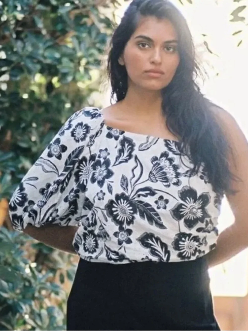 Anthropologie Black and White One-Shoulder Floral Bow Back Top